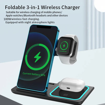 Support de chargeur sans fil rapide LED pliable 3 en 1, Station de charge pour iPhone 15 14 13 12 11 Apple Watch Airpods Pro iWatch 8 7